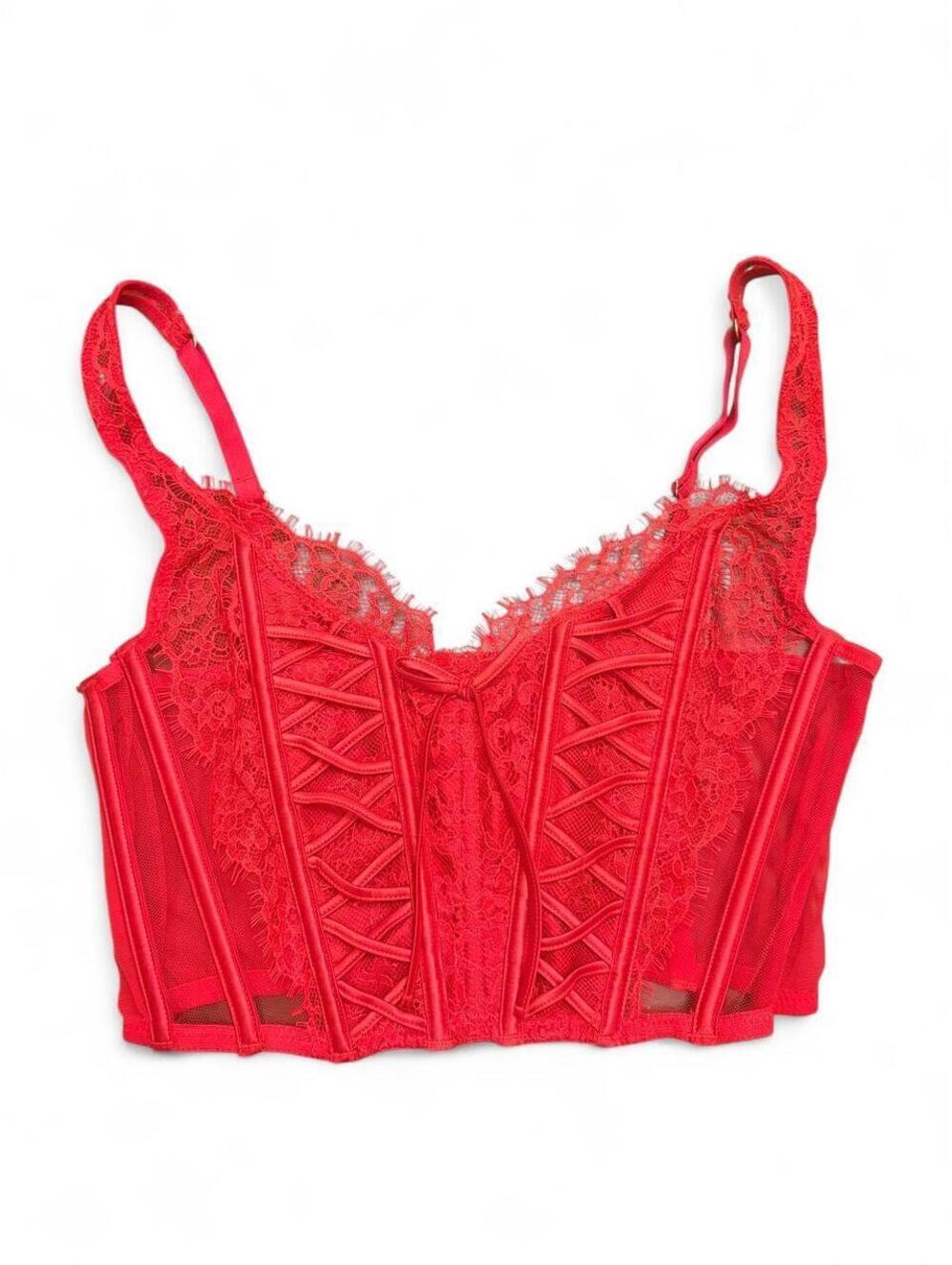 Victoria's Secret red lace corset top with criss-cross paneling, size XS